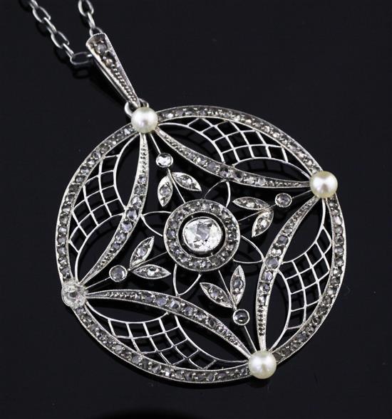 A Belle Epoque white gold, split pearl and diamond pendant, pendant dia. 1.25in.